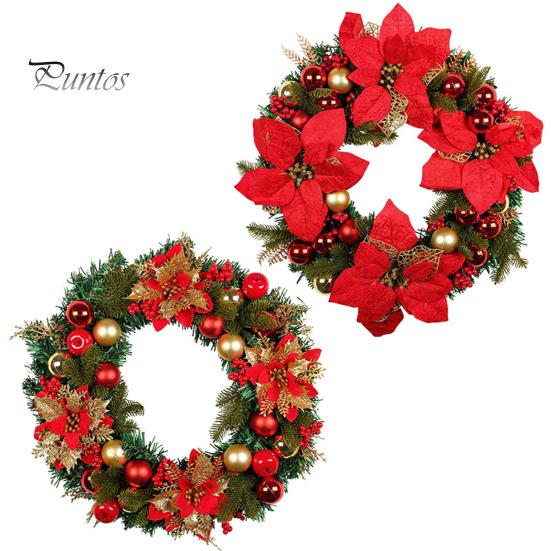 Christmas Wreath with Red Flower Faux Plant Round Ball Indoor Outdoor Window Front Door Wall Hanging Artificial Garland Decoration Pendant Festival