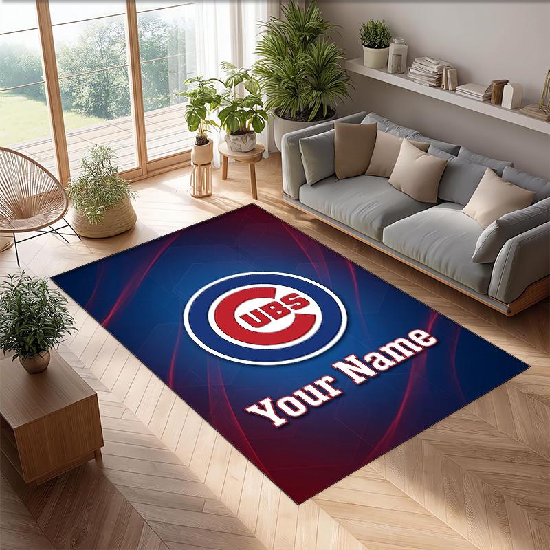 Chicago Cubs Crystal Velvet Rug, Custom Name Text Personalized Non‑Slip Floor Mat for Home Decor Gift