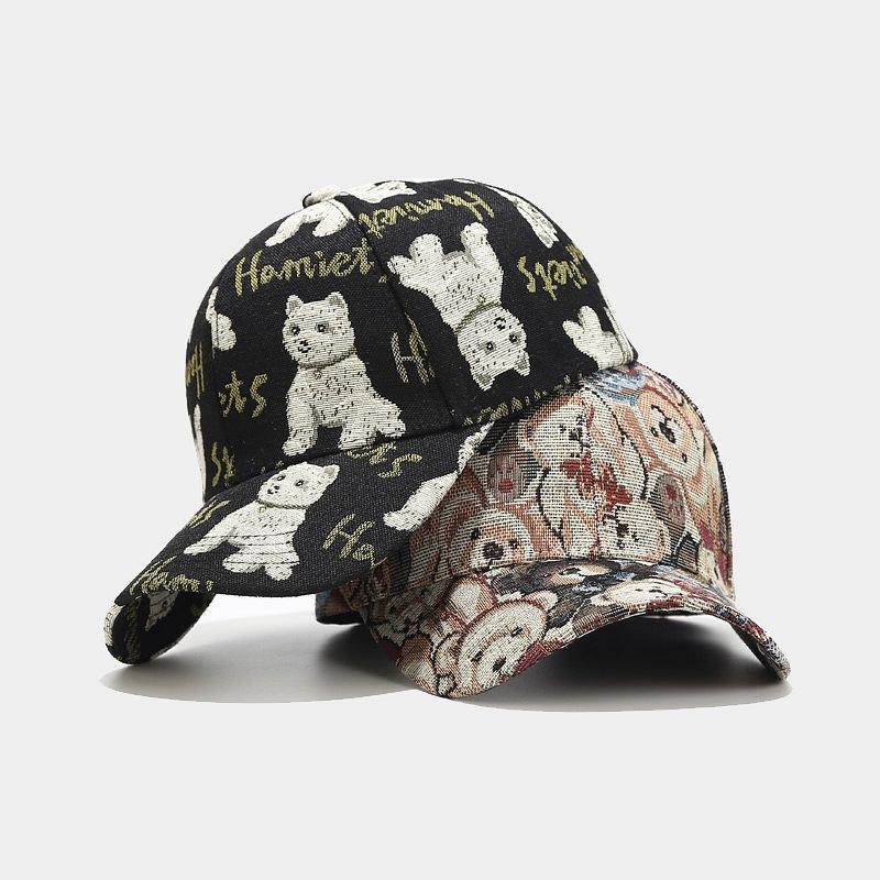 Retro curved brim baseball cap, cute cartoon teddy bear dog pattern duckbill cap, seasonal sun hat to wear