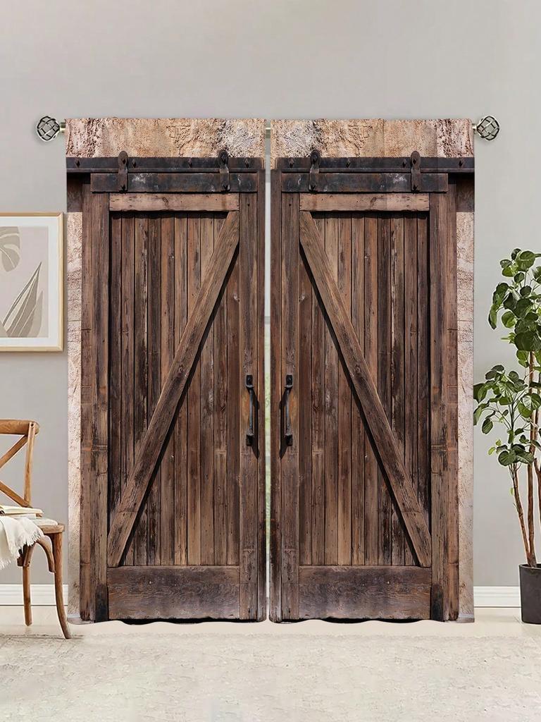 2pcs Rustic Curtain   Wooden Door Pattern Curtain  Without Holes Curtain   Refer To Bedroom Office Kitchen Living Room Study Home D