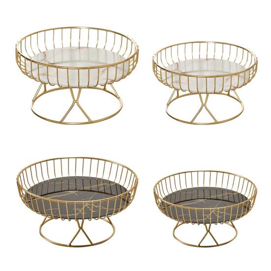Yousheng Metal Wire Fruit Basket Round Mesh Fruit Bowl with Marble Texture Tray Modern Decorative Bread Snacks Serving Bowl for Kitchen Countertop