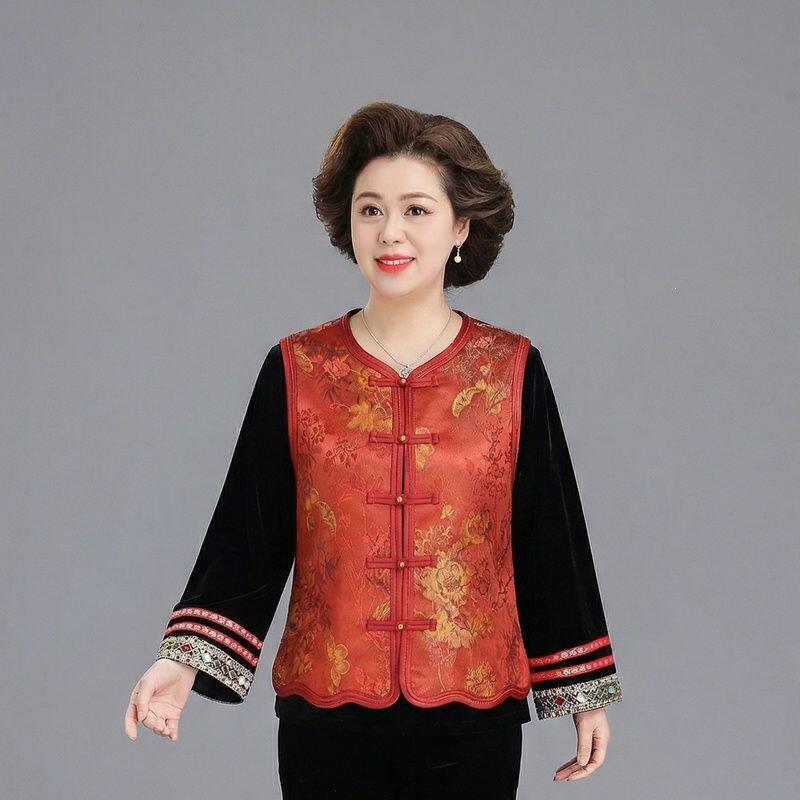 

Spring 2026 Tang Suit Set: Stylish Three-Piece Vest and Jacket for Middle-Aged & Elderly 2XL for 105-120 jin