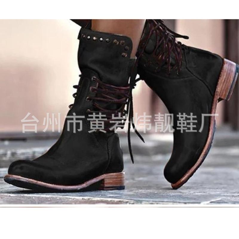 Autumn and Winter New Lace-up Rivets Low Heel Thick Heel Medium Tube Short Boots Large Size Women's Boots Locomotive Knight Boots Women's Spot