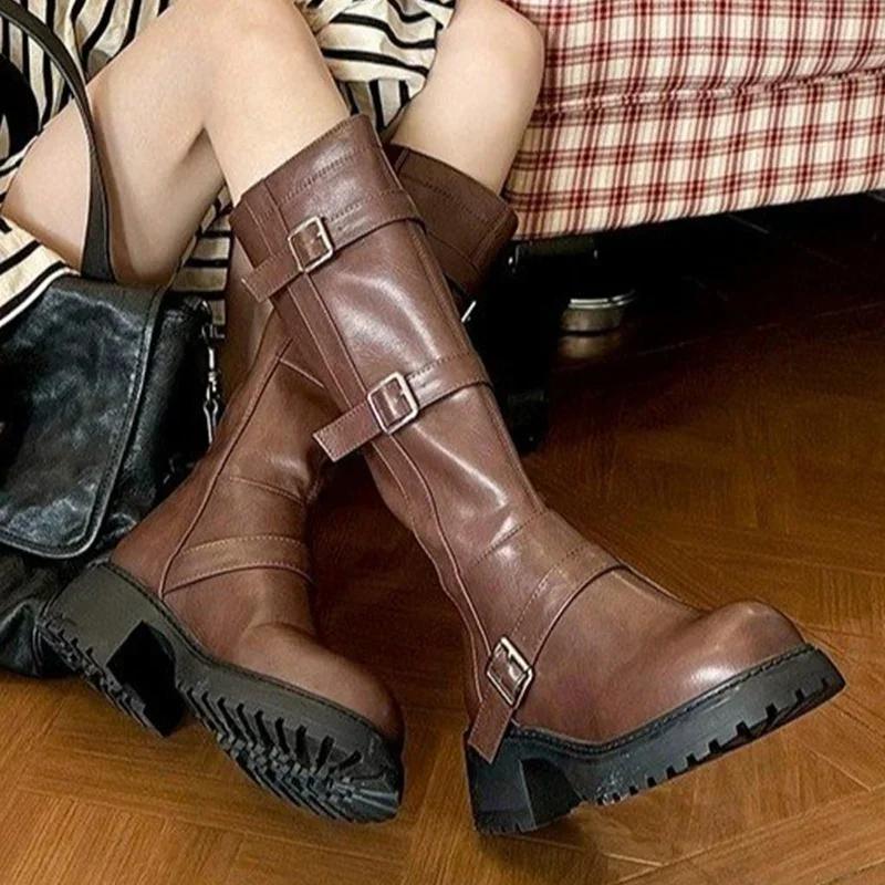 Platformă Femei Cizme Înalte Designer Retro Toc Mediu Cizme Motociclist Iarnă Pantofi Groși Trend Gladiator Chaussures Femme
