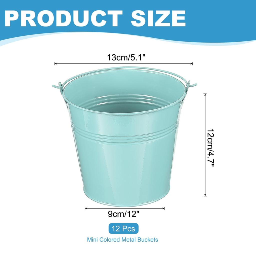 PATIKIL X Small Metal Buckets with Pack of 12 Mini Galvanized Buckets for Party Light Blue 5.1" 4.7" Handles, Crafts, Favors, Decorations,