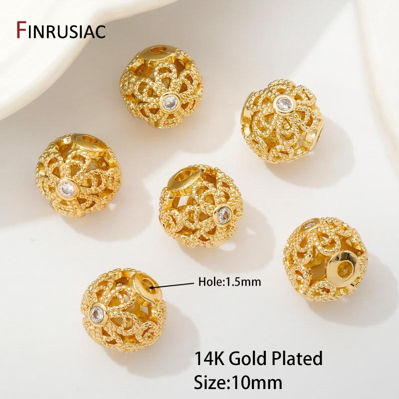 18K Gold Plated Brass 10mm Hollow Spacer Beads,Separators For Beads,Inlaid Zircon Round Beads For DIY Jewelry Making Findings