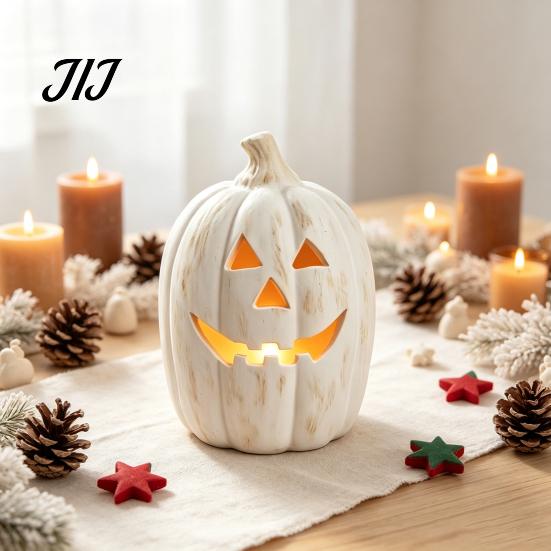 Außenveranda Herbstdekoration Halloween Kürbis Kerzenhalter, Harz Laterne Teelichthalter mit Herbst Haus Geschnitztes Gesicht für Bauernhaus Tisch Kaminsims
