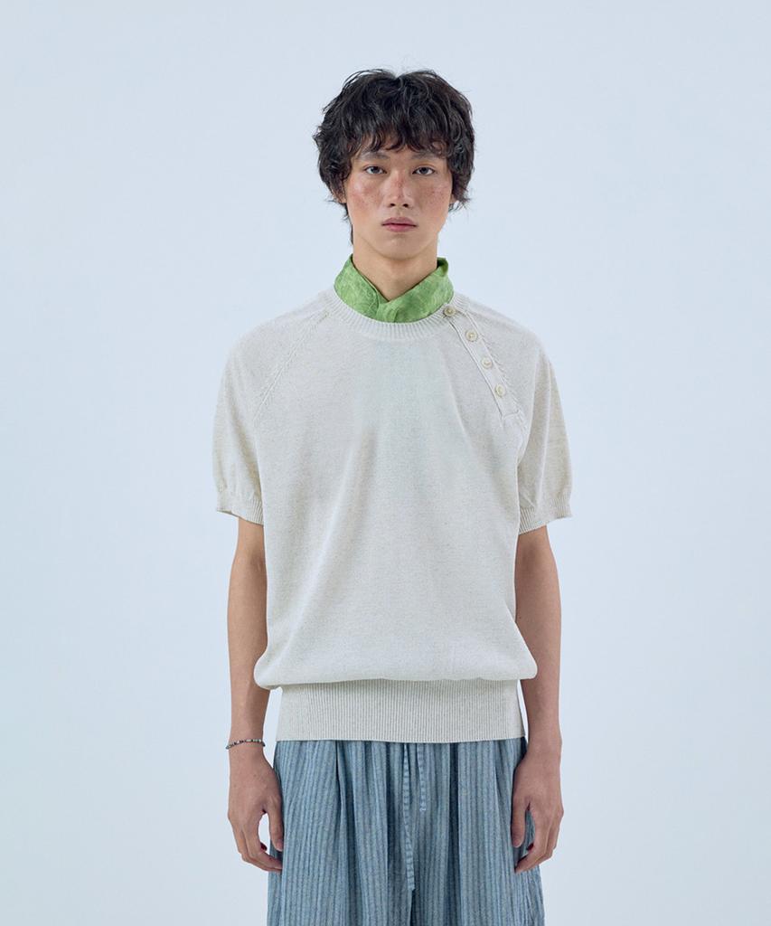 NOISE Shoulder Open Henley Short Sleeve Knit - Ivory