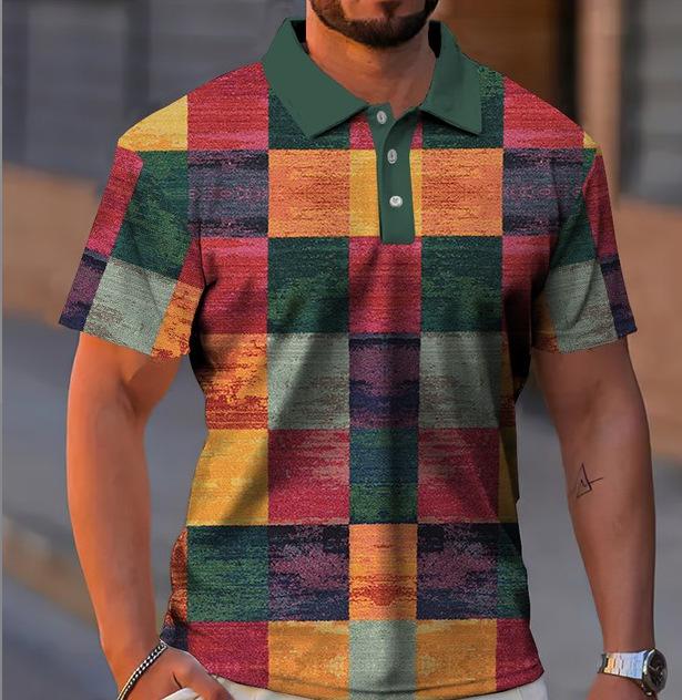 Summer Men's 3D Print Polo Shirt with Plaid and Geometric Patterns