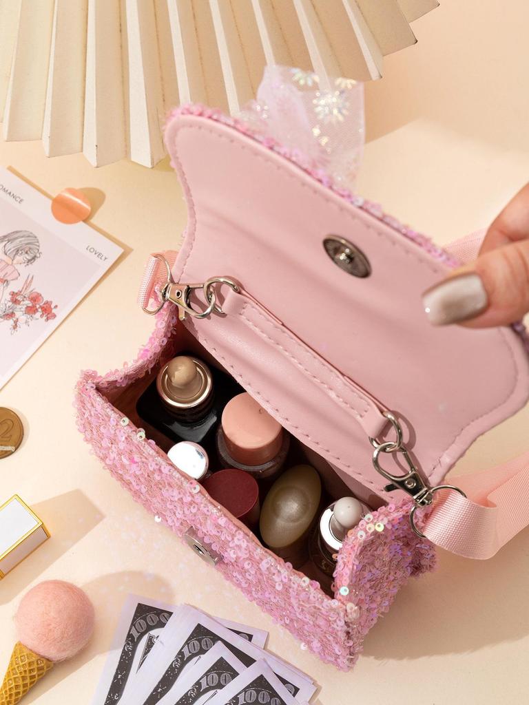 Korean Style Girls' Crossbody Bag with Bowknot, Pearl Details, and Sequin Crystal Patch