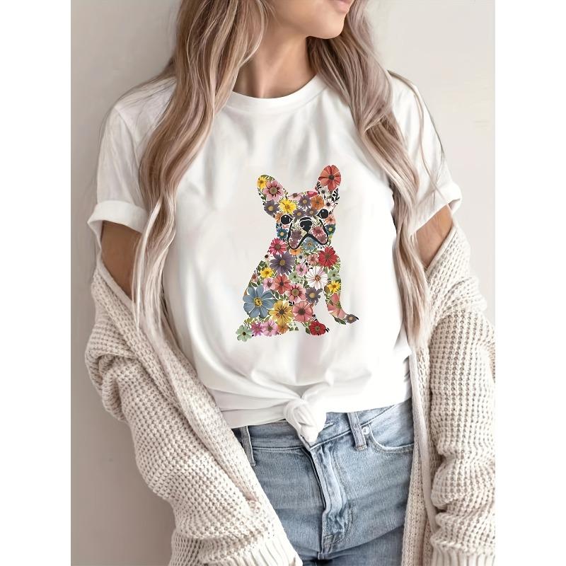 

European Size Women s Casual Short Sleeve T-Shirt with Vibrant French Bulldog Floral Print - Soft Round Neck Machine Washable Top 4XL білий