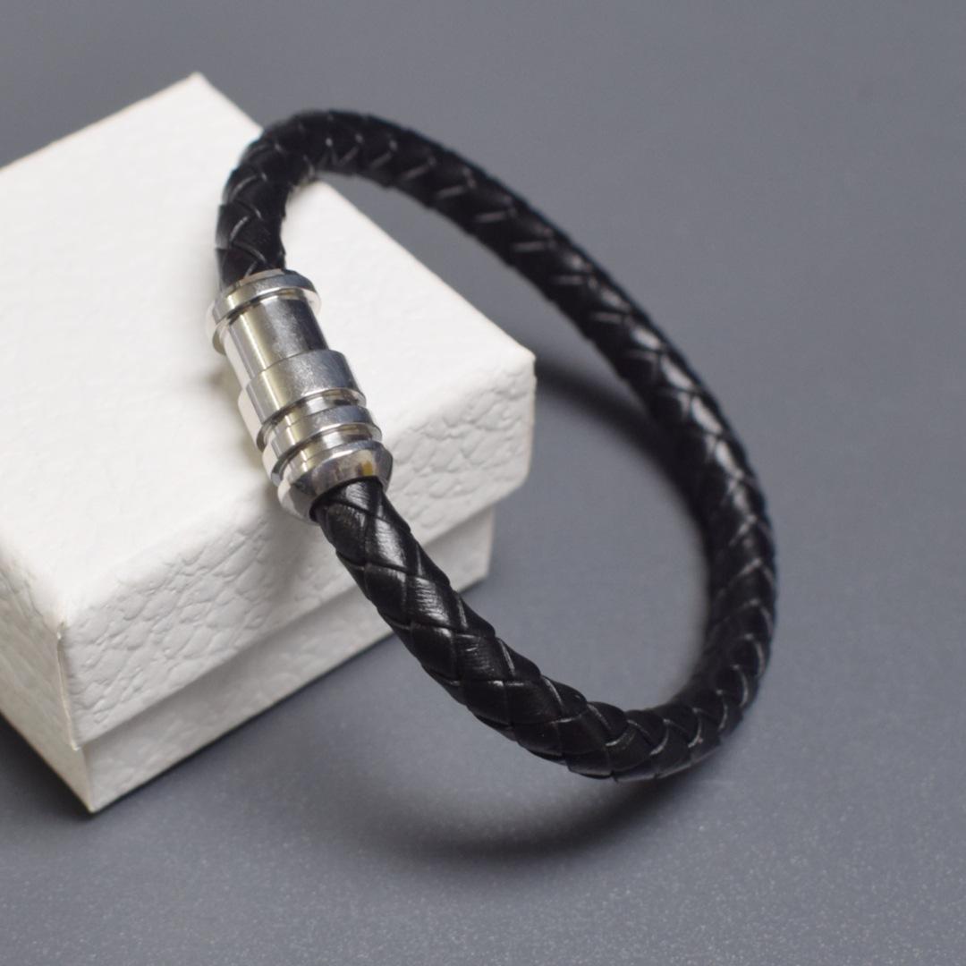 Geometric Titanium Steel Bullet Bracelets Couple Style Stainless Steel Magnet Buckle Hand Woven Black Leather Rope Bracelet 19cm