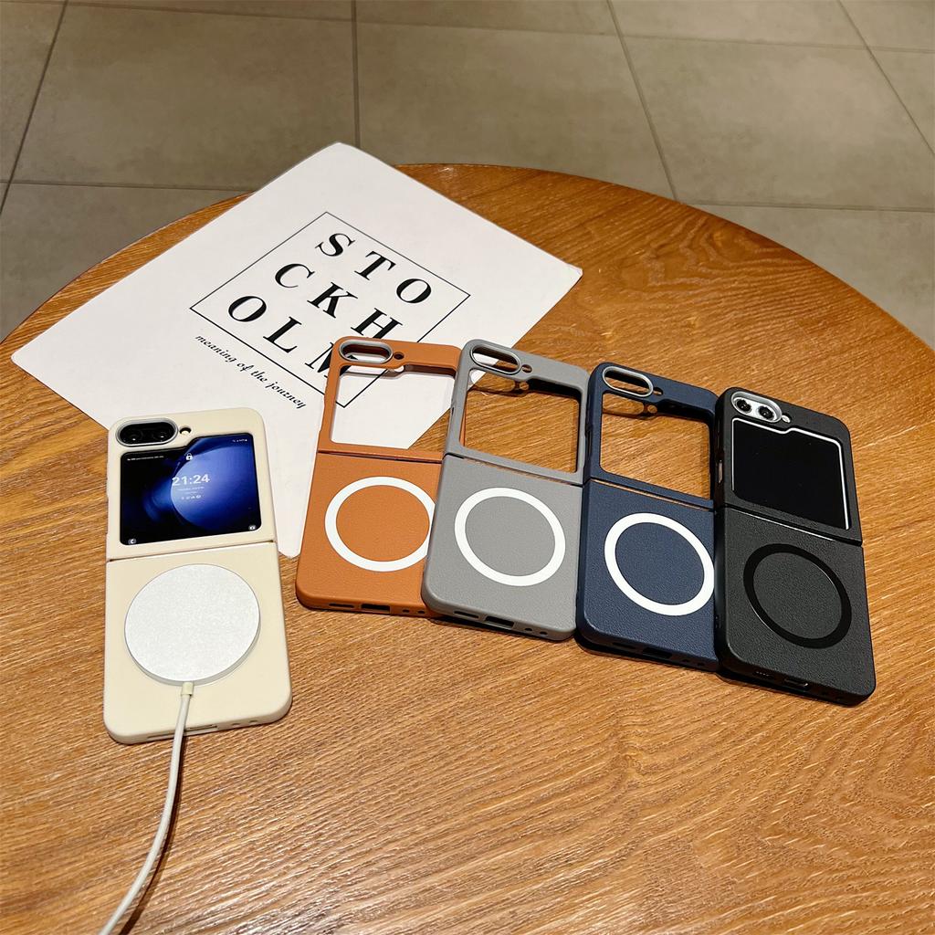 For Samsung Galaxy Z Flip6 5G Phone Cases Leather Texture TPU Back Cover Support Wireless Charging