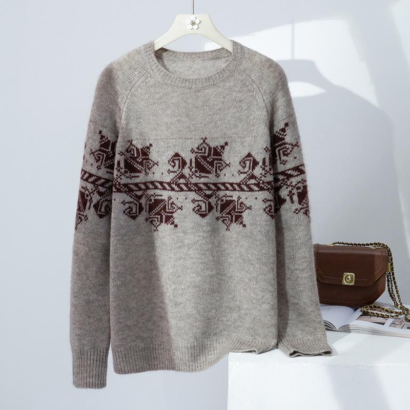 

Женский свитер из шелка и кашемира с узором «Фэр-Айл» Пуюань Осень/Зима 2025: Ретро-вайб с круглым вырезом на зиму Medium