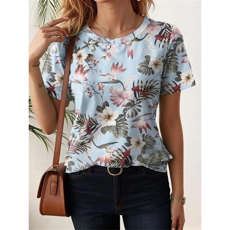 In Summer Women's T Shirt Tee Floral Casual Holiday Daily Short Sleeve Tees Fashion Round Neck T Shirts for Women