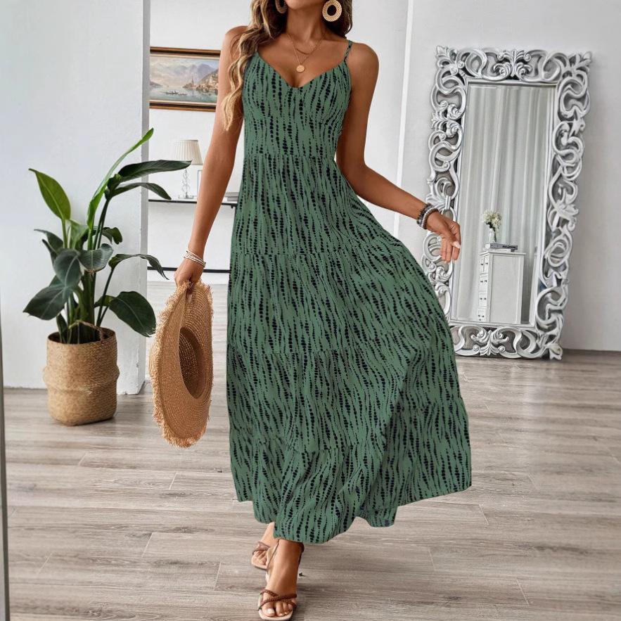 Women Summer Bandage Backless Holiday Beach Irregular Striped Printed One Piece Dress