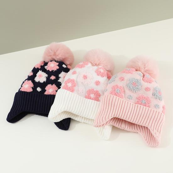 Kinder Wollmütze mit Fellbommel Kleine Blumendekorationen Ohrenschutz Verdicktes Plüschfutter Strickmütze