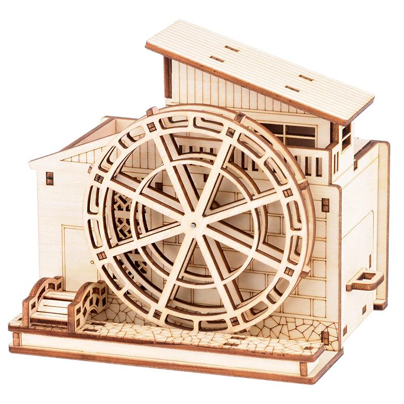 DIY Wooden Assembly Puzzle Wooden 3D Puzzle 95mm * 117mm * 113mm Children s Gift Gift Puzzle, Waterwheel House Clockwork Music Box Pen Holder