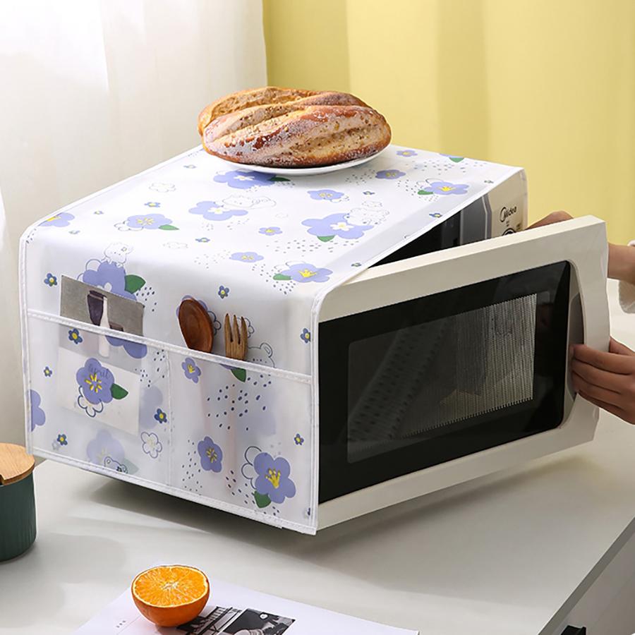 1pc Simple Microwave Dust Cover Waterproof and Oilproof Household Oven Cover Towel with Side Pocket Storage 7 Fancy Options