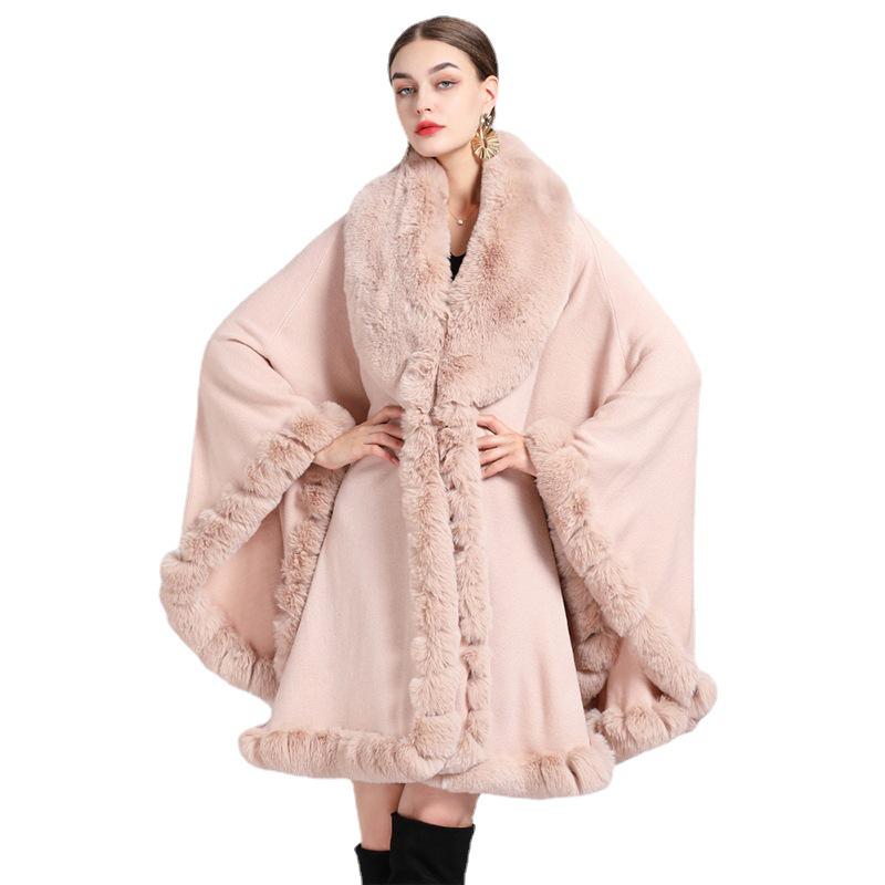 Women's Imitation Rex Rabbit Fur Collar Shawl Cape - Large Size, Knitted Loose Fit Cardigan for Autumn and Winter