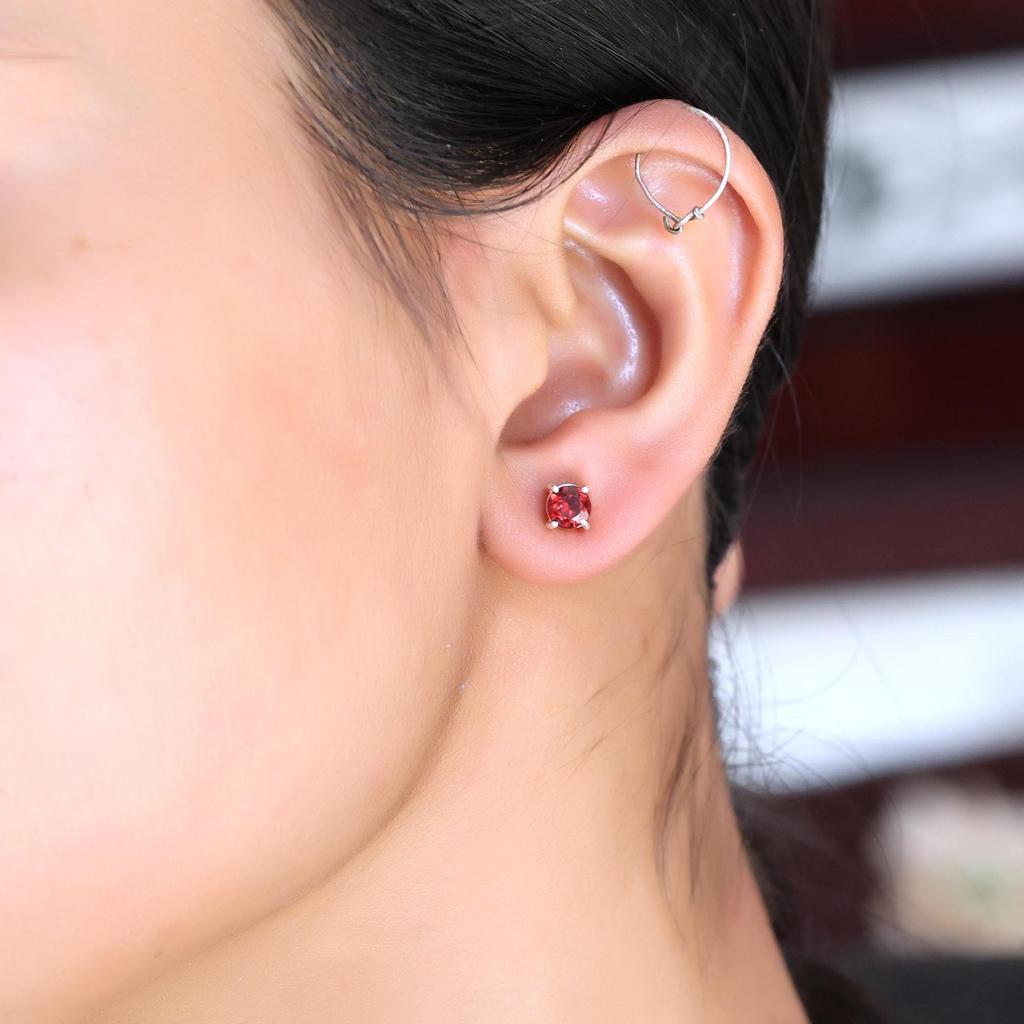 Faceted Red Garnet Silver Stud Earring 925 Sterling Silver Handmade Jewelry Gift For Her
