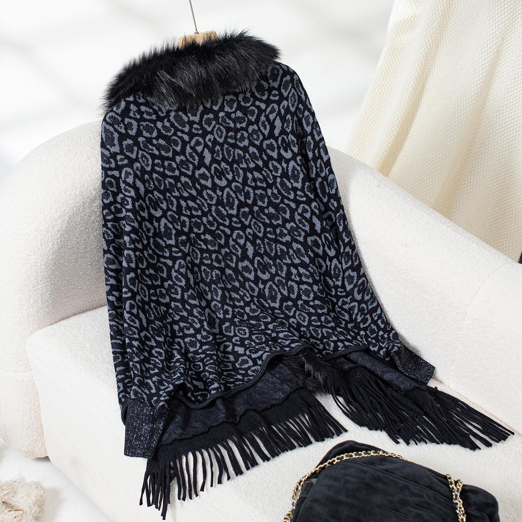 Women's Autumn and Winter Large Size Leopard Print Fur Collar Knitted Cardigan Loose Bat Sleeve Cape Sweater Top Women 6 Colors
