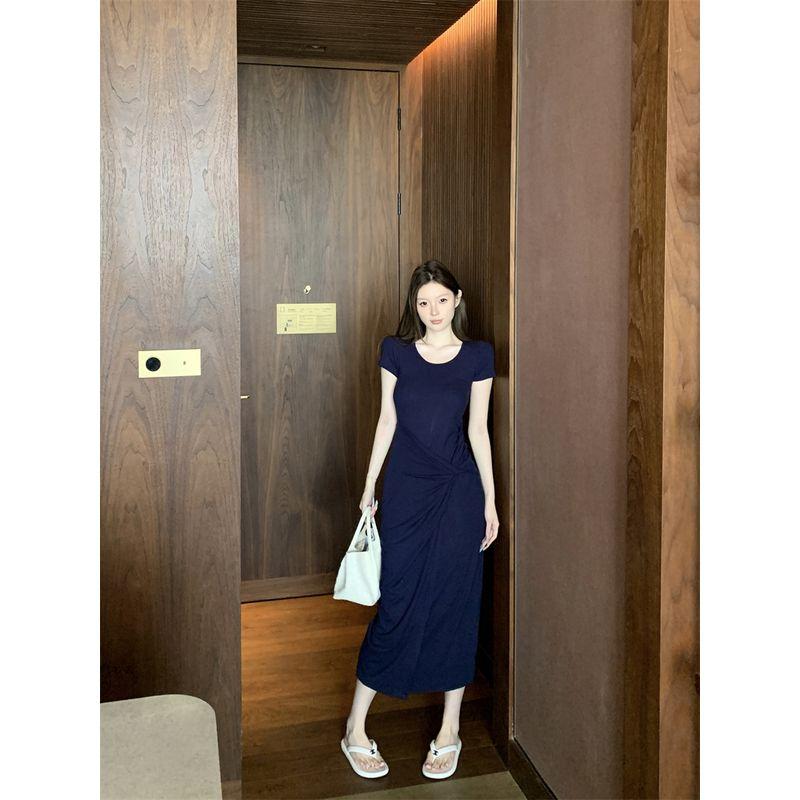 

Kumikumi French style Pleat Twist Short sleeve One piece Dress Women clothing Summer Retro Temperament Waist Hugging Hip Skirt Long dress Blue One size