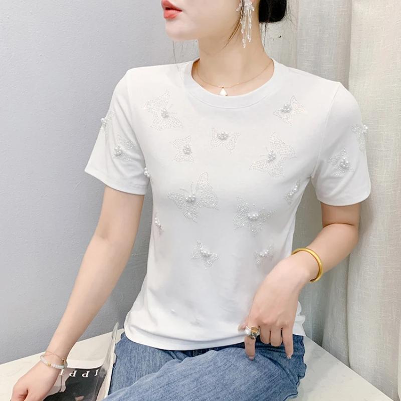 Summer New Fashion Women 100% Cotton Beading Butterfly Designer T-Shirts Short Sleeve Tees Casual Female Tops Shirts