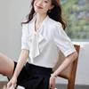 Women Bow Tie Satin Blouse V Neck Short Sleeve Office Wear Solid Color Shirt