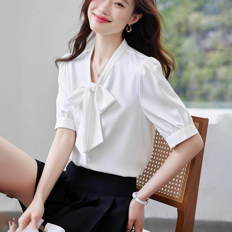 Women Bow Tie Satin Blouse V Neck Short Sleeve Office Wear Solid Color Shirt