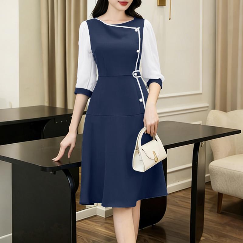 ZANZEA Women Casual Round Neck Splice 3/4 Sleeve Elegant Dress