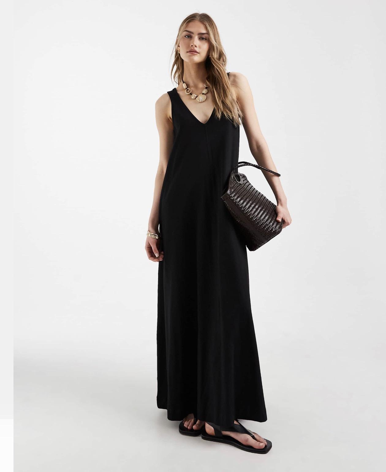 New European and American solid color V-neck sleeveless vest long dress loose drape lazy style long dress women S