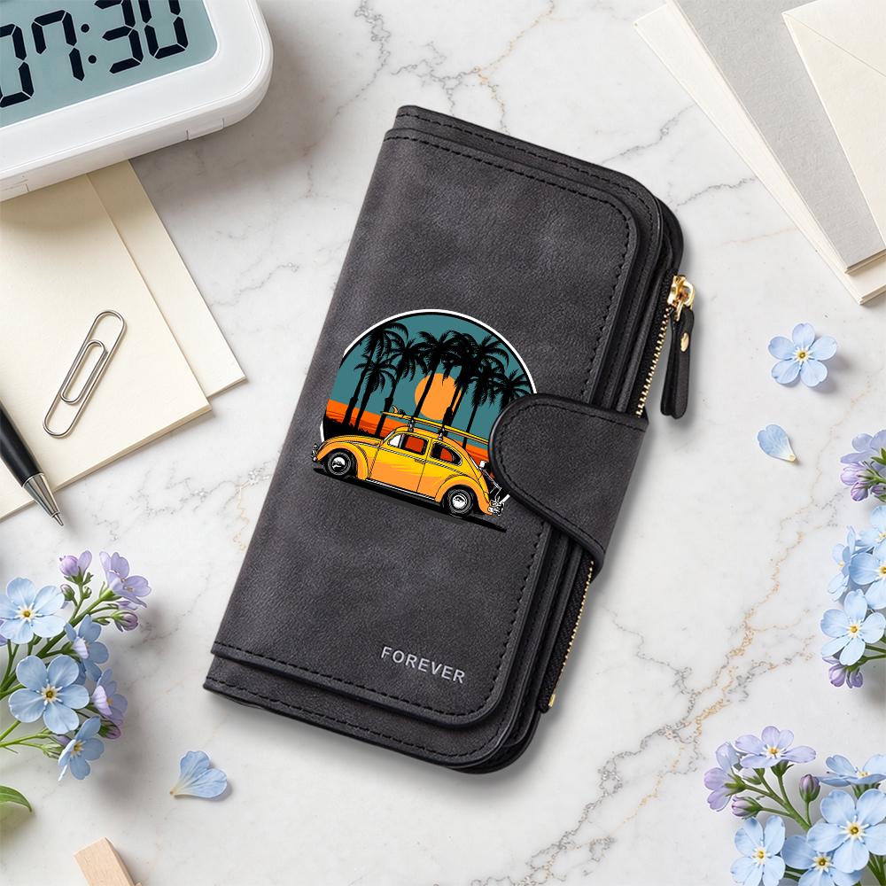 Vintage Palm Beach Car Printed Long Fashion Wallet for Daily Use
