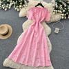 Elegant Summer Midi Dress for Women O-Neck High Waist Solid Spliced Lace with Embroidered Flowers Long Dress New Fashion