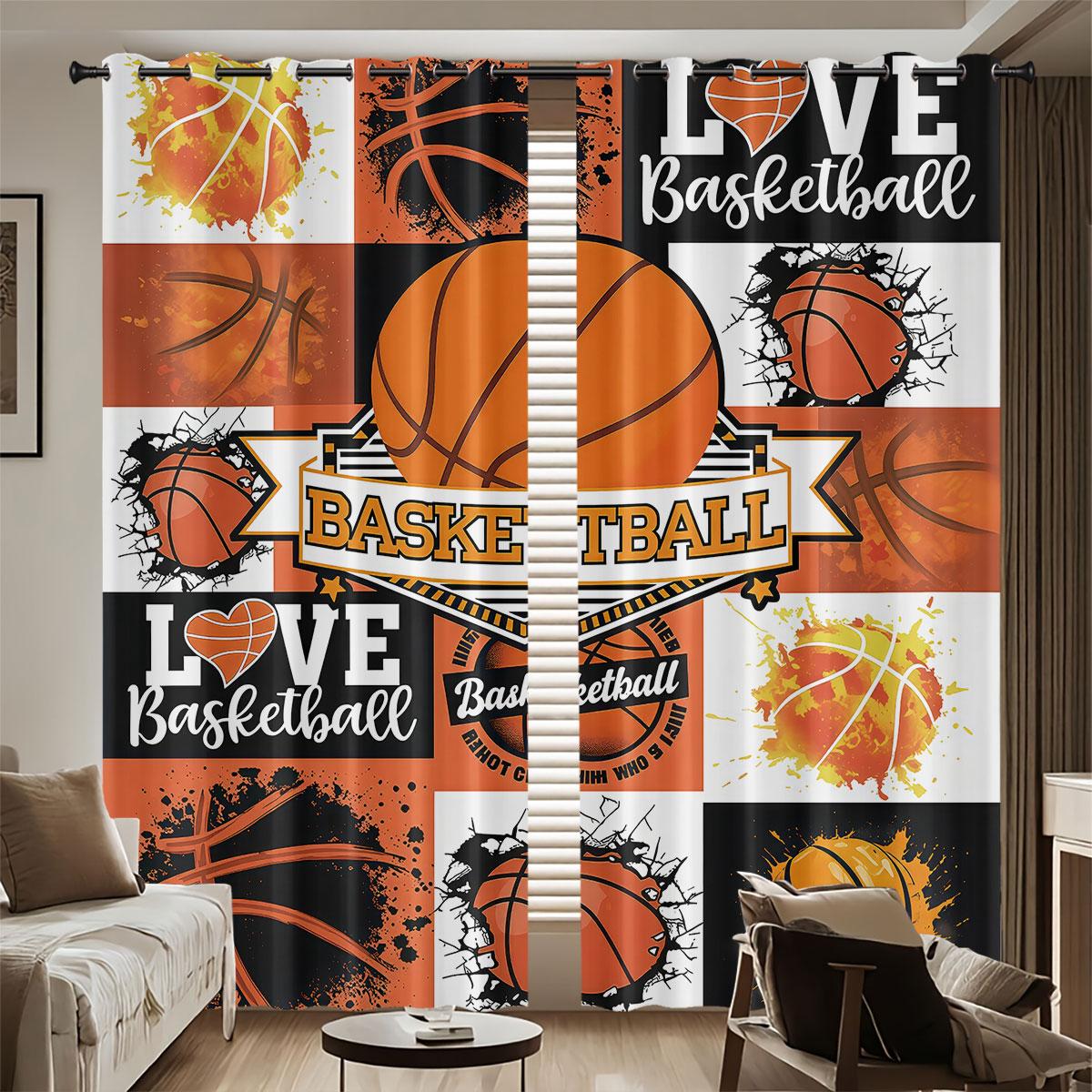 

2pcs Basketball Sports Printed Perforated Blackout Curtains Available In Multiple Sizes For Living Room Insulation Decoration 100*130 Grommet Top 1pcs