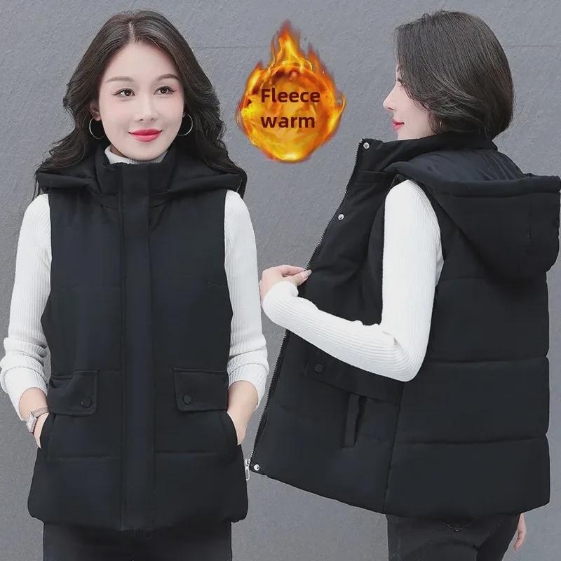 

Женский теплый жилет с капюшоном из овчины и бархата - съемная куртка из толстого хлопкового пуха для осени и зимы, идеально подходит для мам среднего возраста M (80-95 kg)