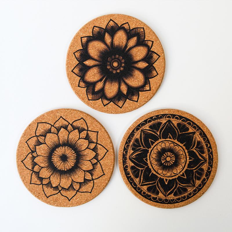 

1PCS Cork Coaster Non-Slip Wooden Heat Insulation Mandala Flower Cup Mats Drink Pad Wood Accessory Kitchen Countertop Decoration