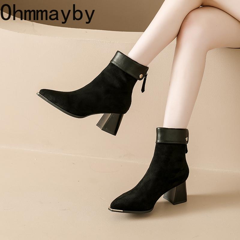 Jesień Zima Zamszowe Kwadratowe Obcasy Kobiety Botki Moda Tylne Zamki Szpiczaste Buty Nowoczesne Krótkie Botas Para Mujer