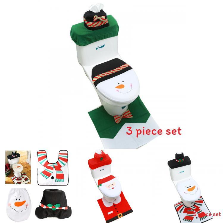 Christmas Themed Santa Claus Snowman Pattern Toilet Cover Three Piece Set For Holiday Bathroom Decor