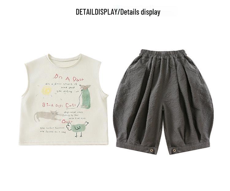 2026 Boys' Summer Outfit: Hand-Painted Animal Print Sleeveless Vest & Gauze Lantern Pants for Toddlers and Young Children