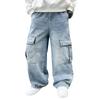 School Boys Casual Cargo Jeans with Pocket Preppy Loose Style Teenage Child Denim Pants High Fashion Kids Jeans Trousers