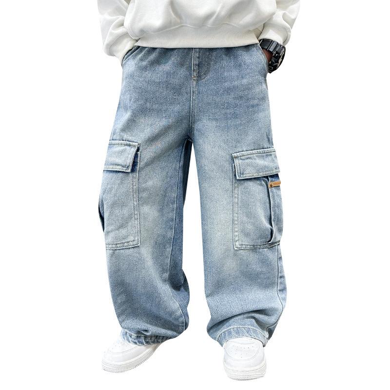 School Boys Casual Cargo Jeans with Pocket Preppy Loose Style Teenage Child Denim Pants High Fashion Kids Jeans Trousers