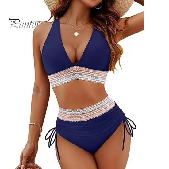 2Pcs/Set Women Bikini Set Sexy Deep V-Neck Swimming Bra High Waist Swimming Trunks Set Patchwork Color Swimsuit