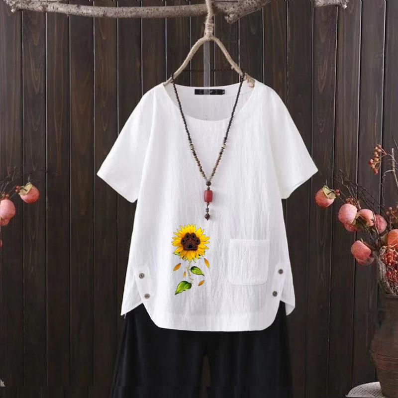 Moda Donna Girasole Stampato Estiva Casual Larga Manica Corta T-shirt Bluse Estive Top