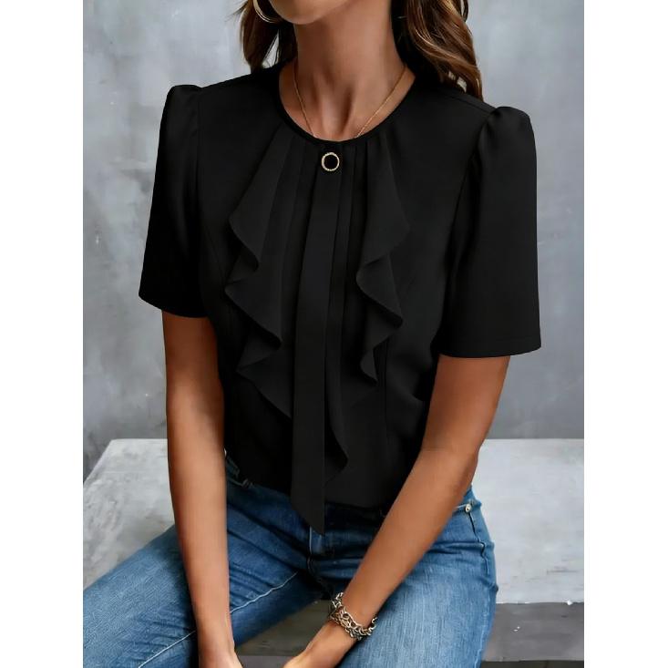 2026 New Women's Summer Ruffled Pleated Round Neck Short Sleeve Shirt Top