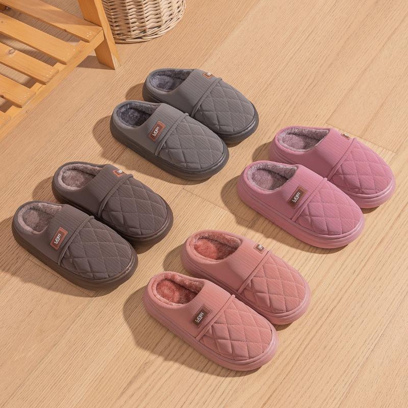 Waterproof cotton slippers men's winter new indoor home non-slip and warm plush thick-soled pu cotton shoes women's outer wear