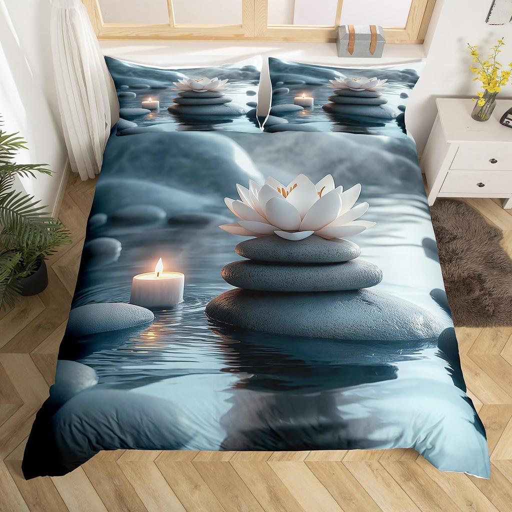 Comforter Minimalist Zen Stone Boho Comforter Purple Flowers Twin Bedding Setblack Stones Print Bed Set For Girls Woman