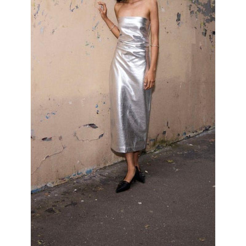Foreign Trade Order Summer New Sexy Gyaru Tube Top Metal Sense Silver Pleat Senior Women Mid-Length Dress