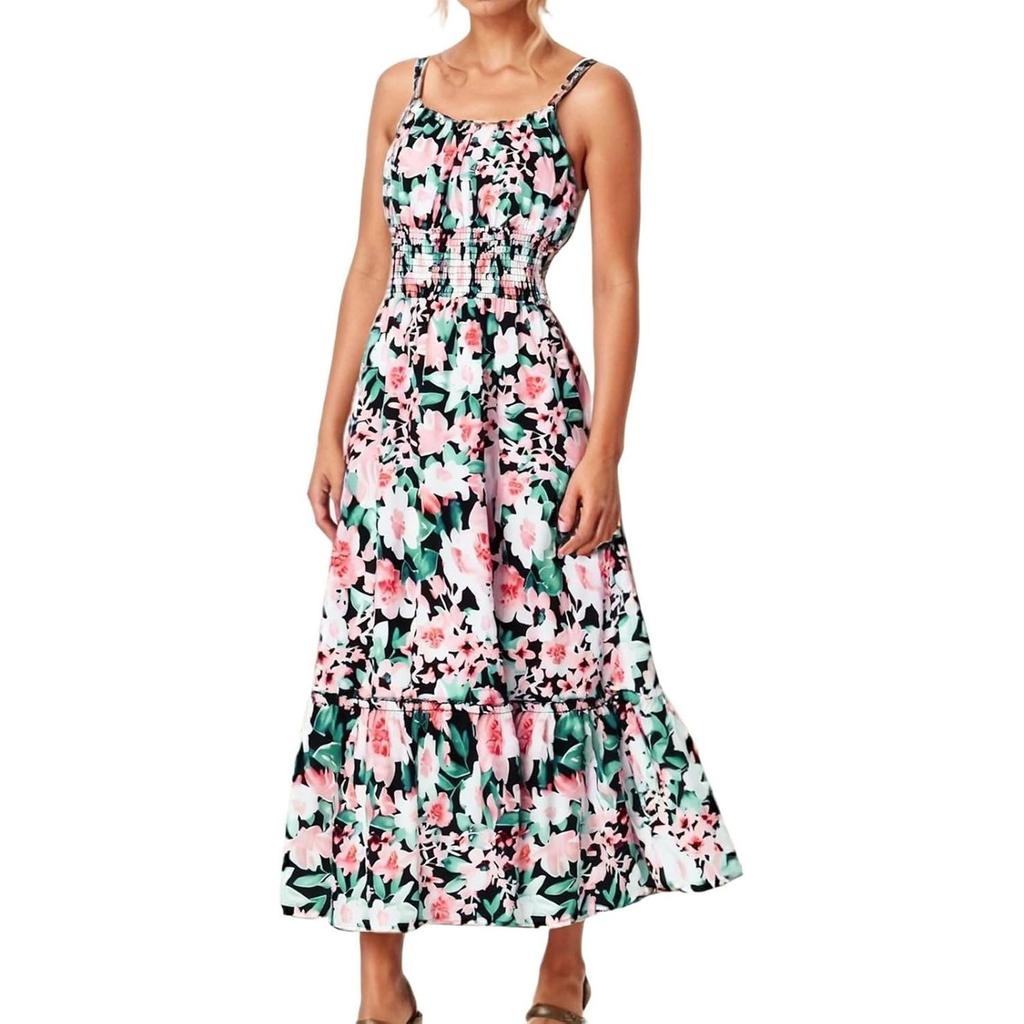 Floral Boho Dress For Women Ruffle Hem Sleeveless Maxi Dress Spaghetti Strap Smocked Beach Long Dresses