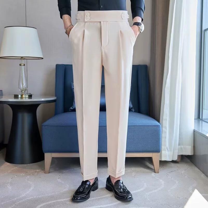 Men's Korean Slim Fit Tapered Trousers Autumn Vintage High Waist Business Solid Color Straight Leg Casual Pants